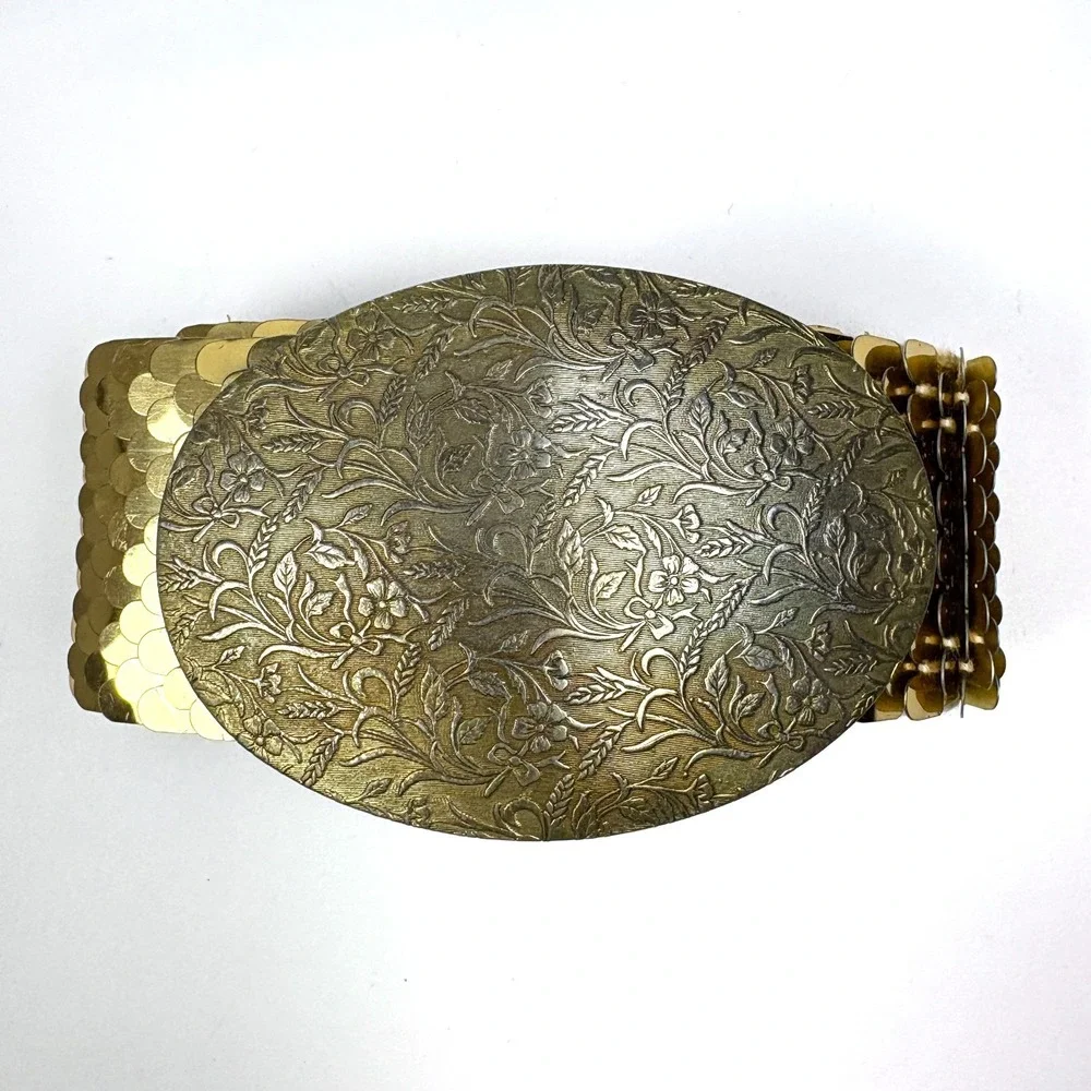 VTG 70s Gold Snake Scale Waist Cincher Floral‎ Buckle Belt Elastic Band Disco